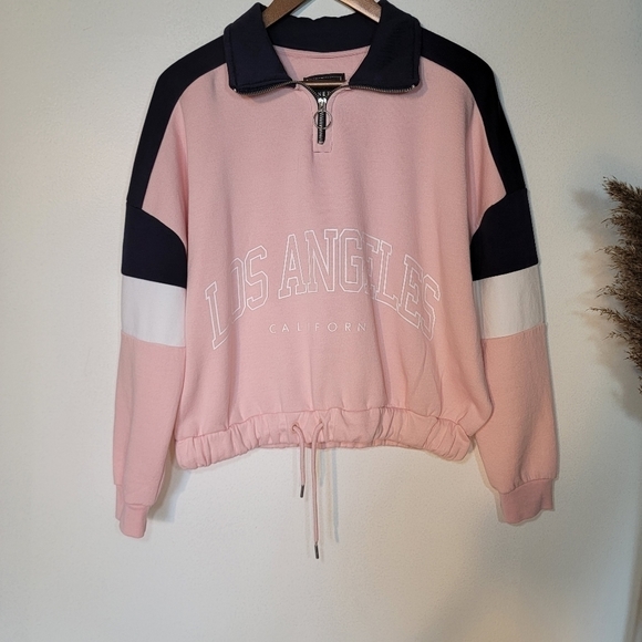 PINK color block cropped LA zip-up collar sweater. - Picture 8 of 8